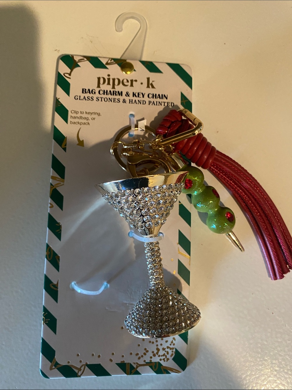 piper.k Red Tassel Martini Bag Charm with Green Olive Accent